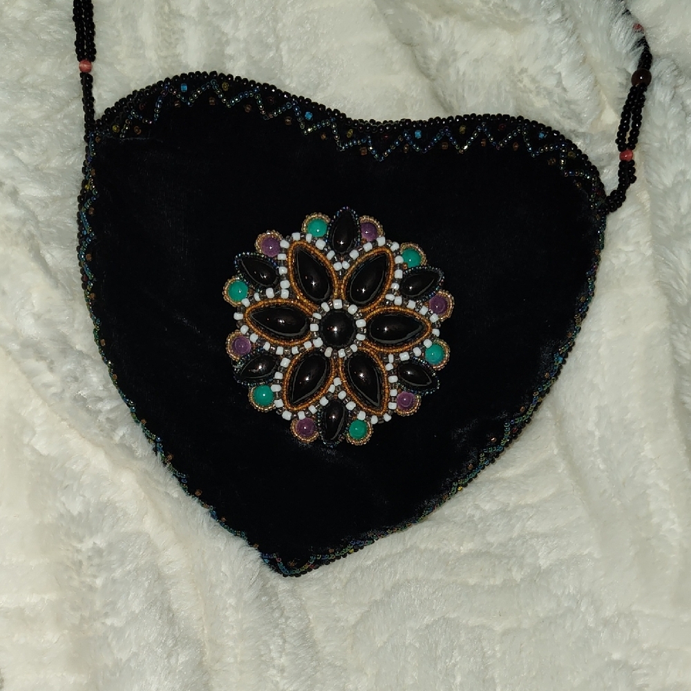 Unique Heart-Shaped Black Beaded Bag with Colorful Embellishment